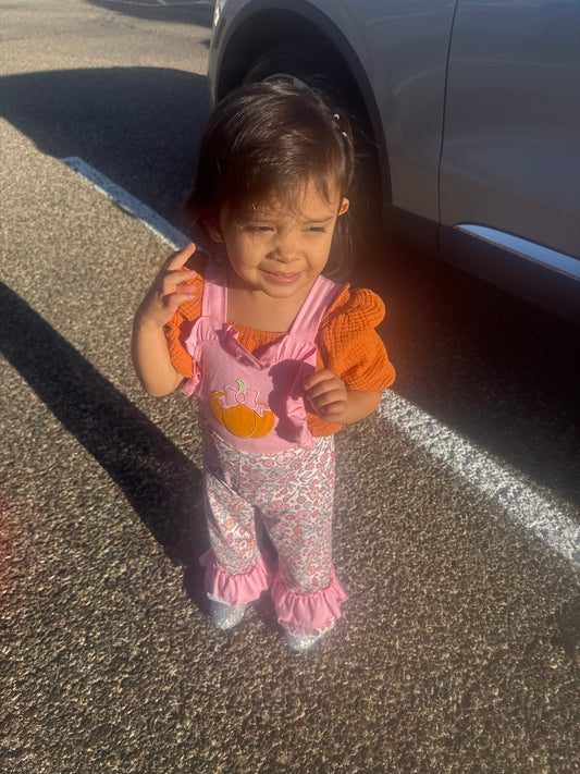 Pink pumpkin ruffles overalls